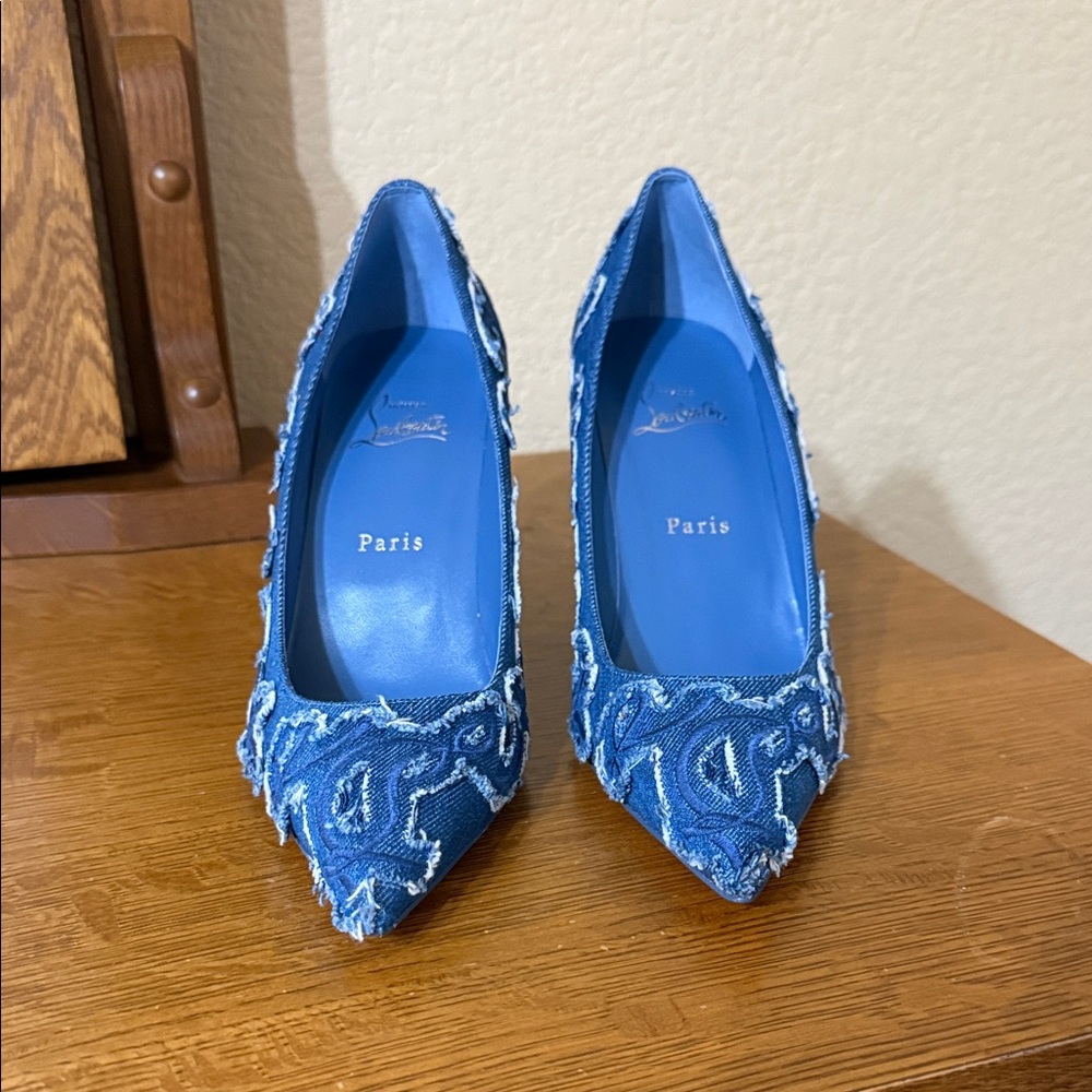 Christian Louboutin Blue Embroidered Denim Heels